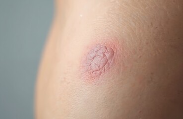 Fototapeta premium Close up of a red irritated skin area with texture. Shows inflammation, possibly a wound, bruise, or healed incision. Focus on the epidermis and subcutaneous layer. Skin condition detail.