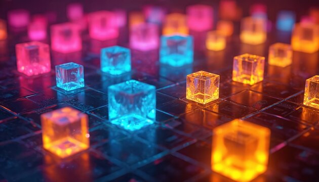 Bright glowing cubes arranged in mosaic pattern on dark surface. Neon lights create vibrant abstract shapes. Modern digital art with geometric forms and energetic feel.