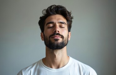 Fototapeta premium Young man with closed eyes practices deep breathing. He embodies mindfulness feeling inner peace. Bearded guy on neutral gray background. Calm male practices meditation for self-care.