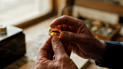 A person's hand holding a piece of amber with a fossilized insect. Amber, fossil, history, science, nature