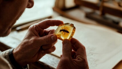A person's hand holding a piece of amber with a fossilized insect. Amber, fossil, history, science, nature