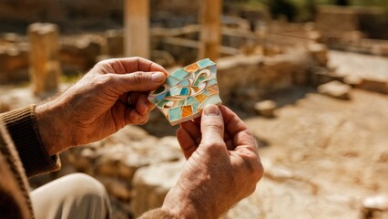 A person's hand holding a piece of mosaic. Mosaic, ancient art, history, heritage, archaeology