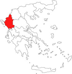 Detailed vector map of Greece highlighting Epirus (Ipeiros), the mountainous northwestern region bordering Albania and famous for its historical traditions.


