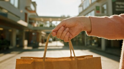 A person's hands holding a shopping bag. Shopping, retail, purchase, consumerism, lifestyle