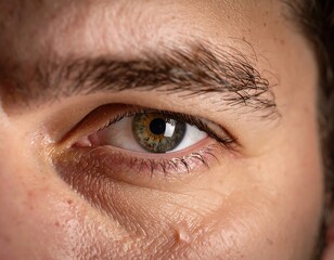 Close-up of a man's sad, teary hazel eye