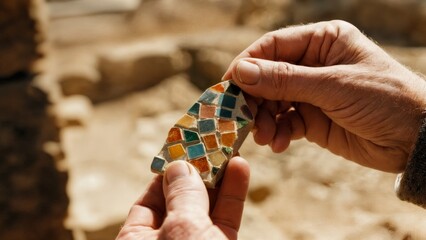 A person's hand holding a piece of mosaic. Mosaic, ancient art, history, heritage, archaeology
