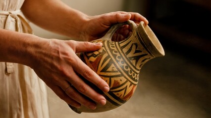 A person's hand holding a Greek amphora. Amphora, ancient pottery, art, culture, history