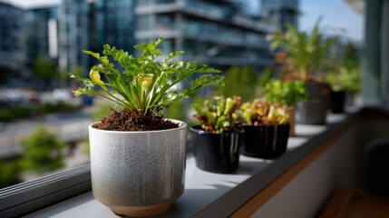 A diverse range of indoor plants thriving in a chic urban setting, illustrating the harmonious blend of modern living with elements of nature and freshness in everyday life.