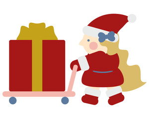 台車でプレゼントを運ぶかわいい女の子のサンタクロース