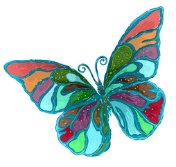 Vivid artistic butterfly with colorful abstract wings painted in bright turquoise, red, purple, and green tones..