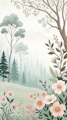 Watercolor floral pattern with trees in a serene forest atmosphere