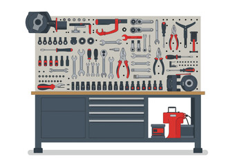 Workshop Workbench with Tools and Drawers.