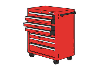 Red rolling tool cabinet with multiple drawers isolated on white.
