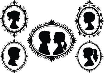Vintage cameo portraits, elegant silhouette frames, man and woman side profiles, Victorian style art, antique design, decorative borders, romantic couple, retro illustration