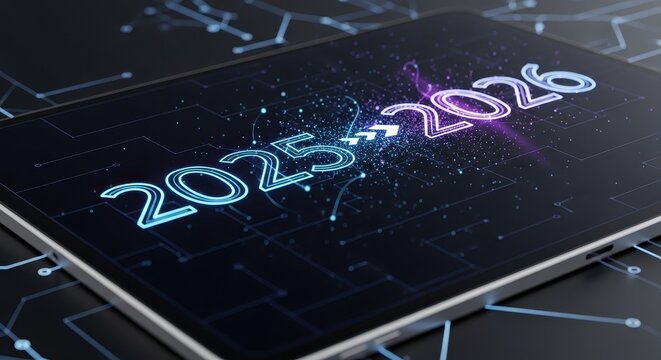 A futuristic technology concept showing the digital transition from year 2025 to 2026 with glowing numbers on a tablet screen