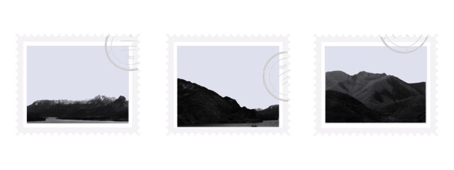Postage stamp with seal. Mountain peaks, rocky stones, landscape. Contemporary art, philatelic culture, environment. A collection of paper Postage of mountain and rocky slopes. Halftone style, vector.