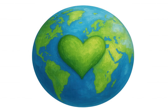 Earth globe with green heart symbol illustrating environmental protection, nature care, and global ecological awareness