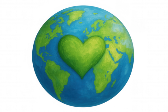 Earth globe with green heart symbol illustrating environmental protection, nature care, and global ecological awareness