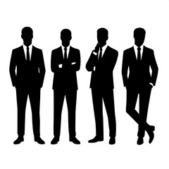 "Four silhouetted businessmen in suits, arranged in a row on a white background, each in a distinct professional pose, minimalist vector style, high contrast black and white."