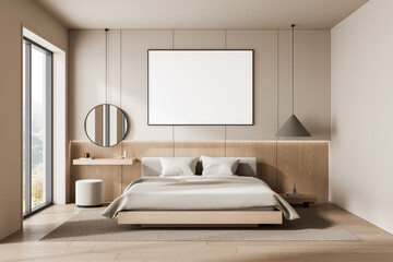 Minimalist bedroom interior with blank poster wall mockup and wooden design elements in warm neutral tones for modern home decoration template concept. 3D Rendering