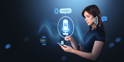 Woman interacting with AI voice technology interface using smart
