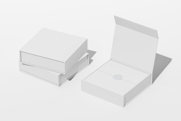 Blank white cardboard packaging boxes mockup with one open lid and shadow on clean background for branding or layout presentation concept template. 3D Rendering