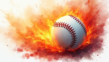 Baseball appears in flames. This dynamic fiery sports illustration uses watercolor style and vibrant red orange colors. Motion blur adds energy to the artwork.
