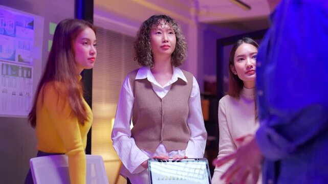 Asian business professionals creative product developers brainstorm innovative ideas prepare present new business plan leverage AI assistance big data analytics enhance strategic growth optimize work