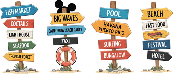 Colorful beach direction signs illustration, tropical summer holiday vibe, cartoon wooden signboards pointing to fish market, pool, taxi, and festival locations ©  Creative vectors