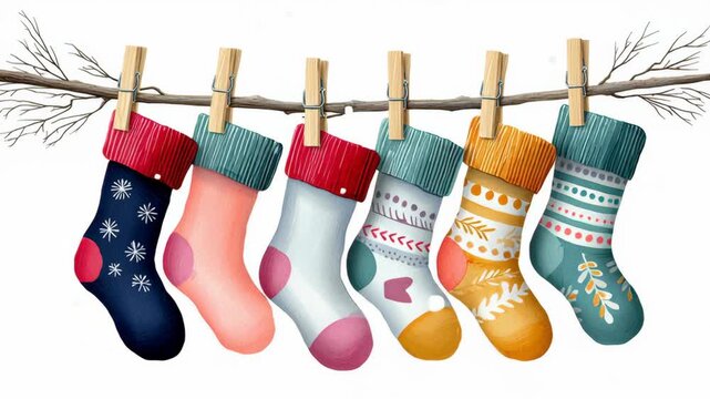 Colorful decorative socks hanging on a rustic branch with clothespins, showcasing a delightful arrangement of patterns and textures, creating a festive atmosphere for seasonal celebrations and home de