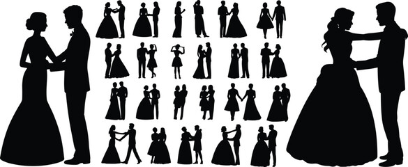 "Wedding couple silhouettes, bride and groom dancing, romantic love, wedding ceremony, celebration, marriage, elegant dress, formal attire, romantic moments, togetherness."