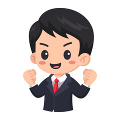 Excited Young Businessman Cartoon Character Celebrating Success in Dark Suit and Red Tie on Transparent Background Cheerful Victory Illustration