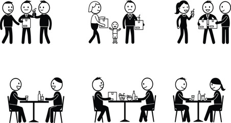 Cartoon people social interaction, family moment, celebration, handshake, casual meeting, dining scene, emotional exchange, vector illustration for communication, lifestyle, relationship concepts