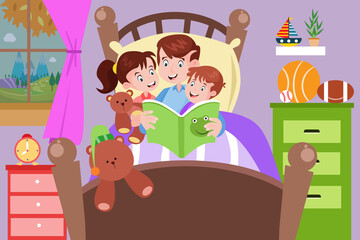 Family Reading Storybook in Bed with Brown Wooden Frame in Lavender Bedroom with Green Nightstand and Decorative Window with Colorful View
