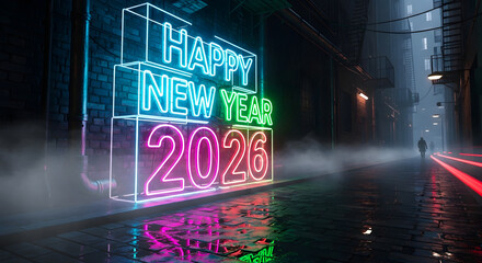 Happy new year 2026 neon sign in a rainy city alley at night