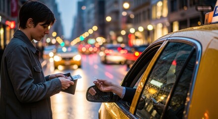 Person hailing a yellow taxi on a city street at night, paying the driver from a wallet