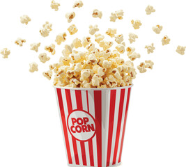Popcorn bucket vector illustration, red white striped container, flying popcorn snack, cinema food, movie night treat, entertainment concept, isolated graphic