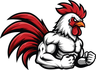Muscular rooster mascot, aggressive chicken character, bodybuilding animal illustration, strong poultry logo, fierce farm bird vector, gym sports branding design © Sumia Art