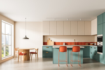 Modern kitchen interior design with teal cabinetry, orange accents, and minimalist furniture in a sunlit open space with city view window. 3D Rendering