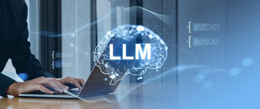 Businessman using laptop with LLM brain hologram, symbolizing large language model and AI tech concept on futuristic digital background.