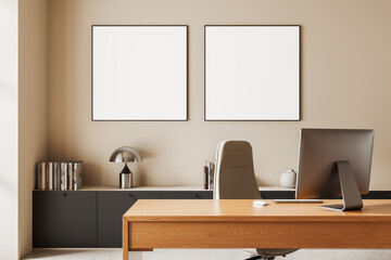 Modern office interior with desk and computer in front of two blank square posters on beige wall, minimalist design mockup template concept scene. 3D Rendering