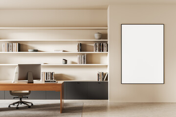 Modern office interior with bookshelves and blank wall poster mockup in minimalist neutral-toned workspace design template setting. 3D Rendering © ImageFlow