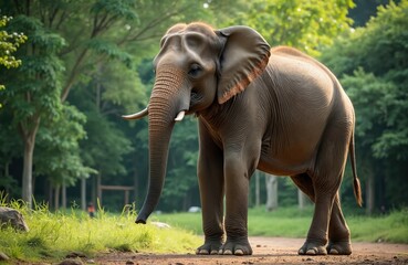 Large asian elephant walks on dirt road in lush green forest park. This mammal has big ears, grey skin and long trunk. Wildlife animal enjoys natural habitat.