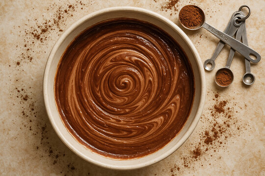Chocolate Batter in Bowl with Measuring Spoons on Neutral Background.