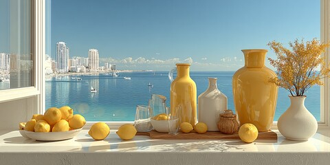 sunlit still life with city view by the window, modern still life overlooking urban skyline, bright serene interior with open window and water view