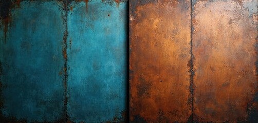 Two vertical grunge panels feature contrasting colors. One side weathered blue, rusty brown. Aged surface shows distressed texture, dark borders, signs of decay. Creates abstract industrial
