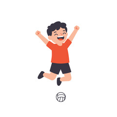 Fototapeta premium Joyful young boy with dark hair jumps for excitement with a volleyball below him, celebrating a victory.