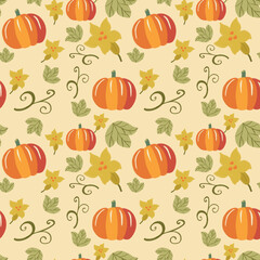 Pumpkin Autumn Seamless Pattern – Hand Drawn Fall Leaves and Flowers Background for Textile, Wrapping Paper and Card Design