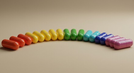 Colorful pills arranged in rainbow pattern 