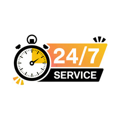 24/7 Service Sign with Clock on Transparent Background, Orange and White Design